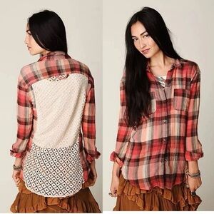 We The Free Red Plaid Button-Down Shirt with Lace Back